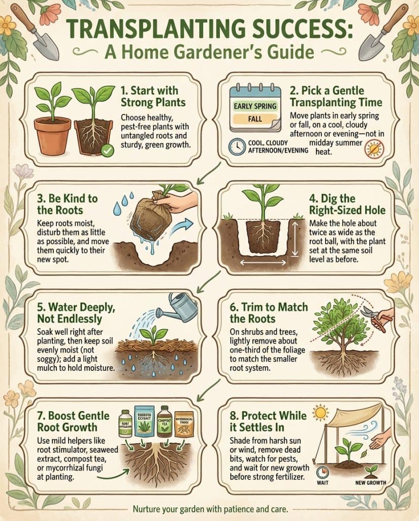 C_10370_7lMDp_prevent-transplant-shock-plants-f1 Infographic showing plant transplanting steps with root care techniques and timing recommendations