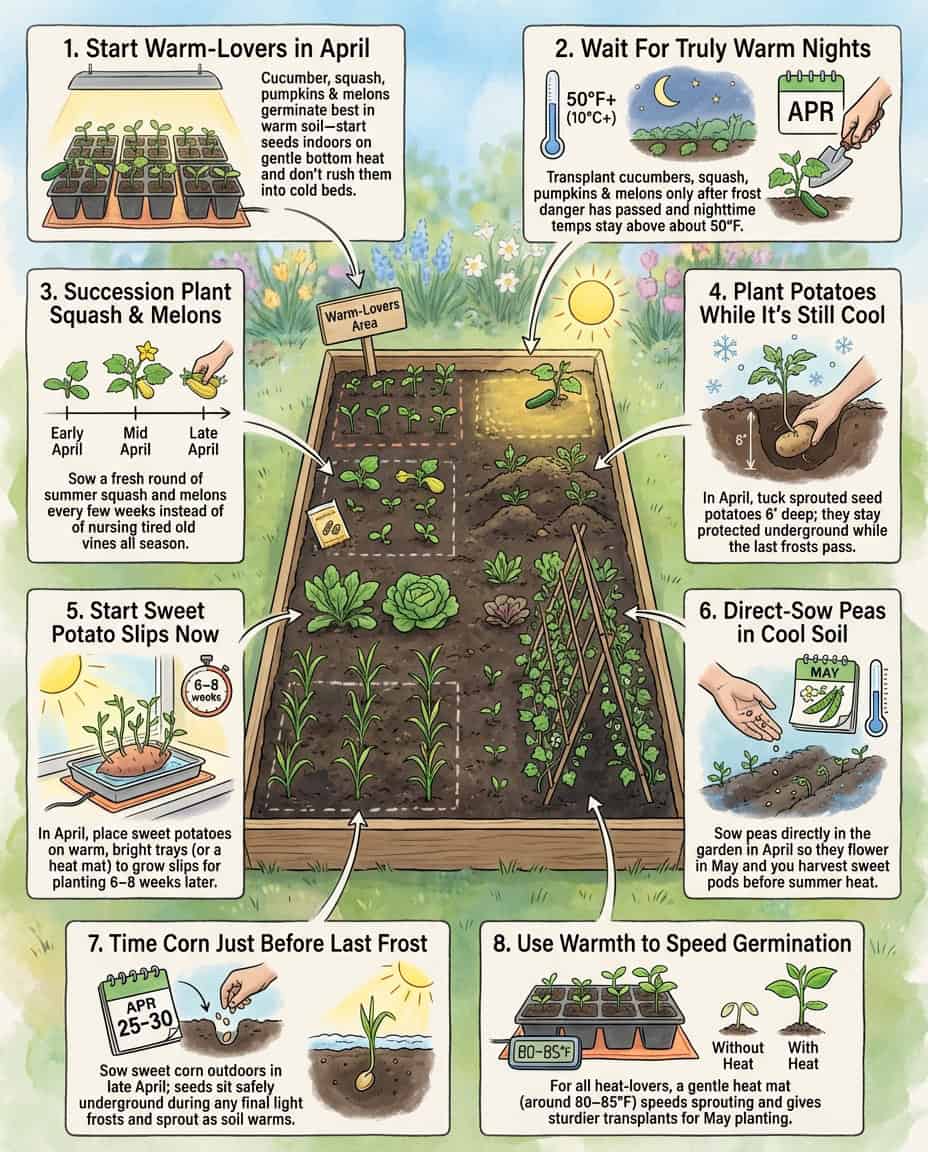 Infographic showing April seed-starting timeline with warm-season crops and planting schedules