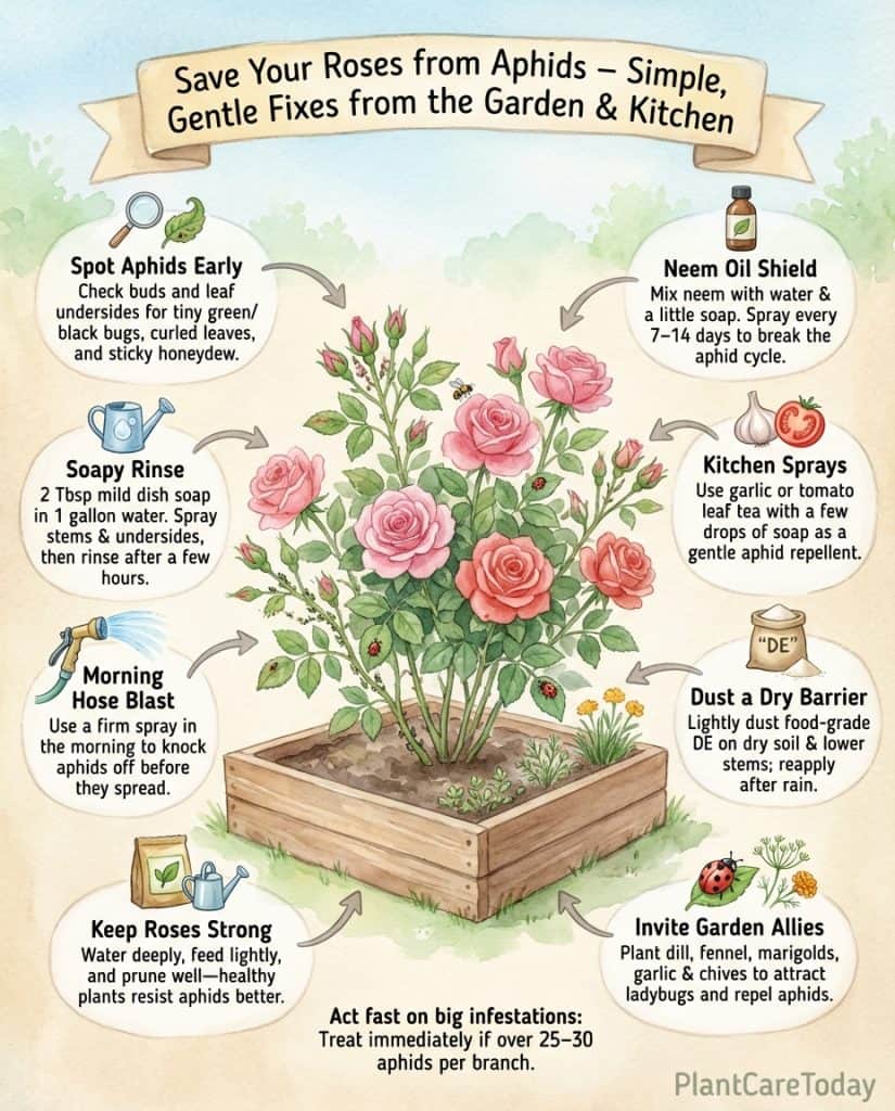 C_10378_3mu7s_aphids-destroying-roses-naturally-f1 Infographic showing homemade aphid treatment methods for roses with kitchen ingredient solutions
