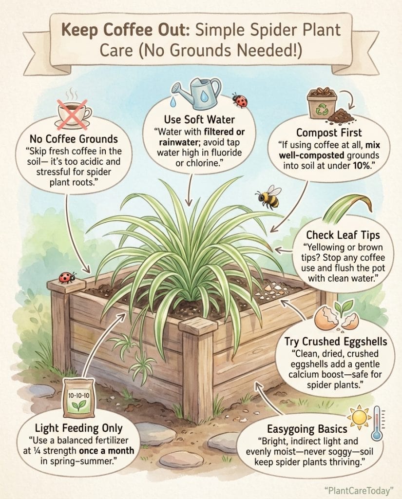 Infographic showing coffee grounds and spider plants with soil pH effects and safe alternatives diagram