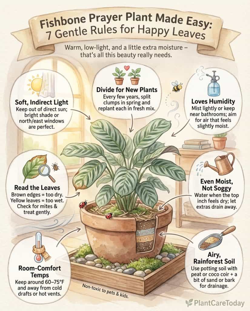 C_10382_boQK5_fishbone-prayer-plant-care-f1 Fishbone Prayer Plant care infographic showing light requirements, humidity needs, and leaf movement patterns