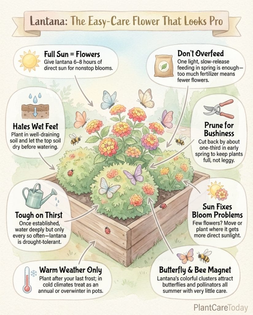 Lantana care infographic showing heat tolerance features and low-maintenance growing requirements