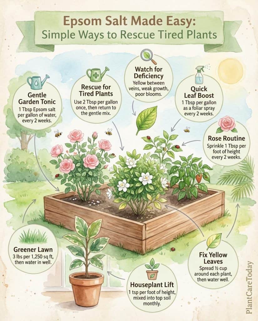 C_10387_kgZp1_epsom-salt-plant-rescue-f1 Infographic showing Epsom salt benefits for plants with soil application methods and yellowing leaf examples