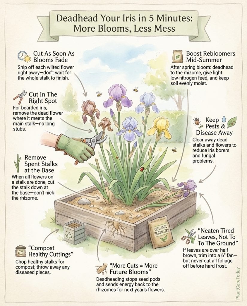 Iris deadheading infographic showing proper cutting technique and common pruning mistakes with diagrams