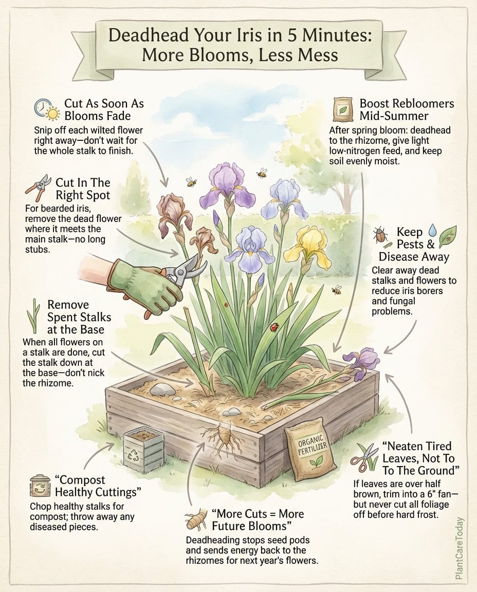 Iris deadheading infographic showing proper cutting technique and common pruning mistakes with diagrams