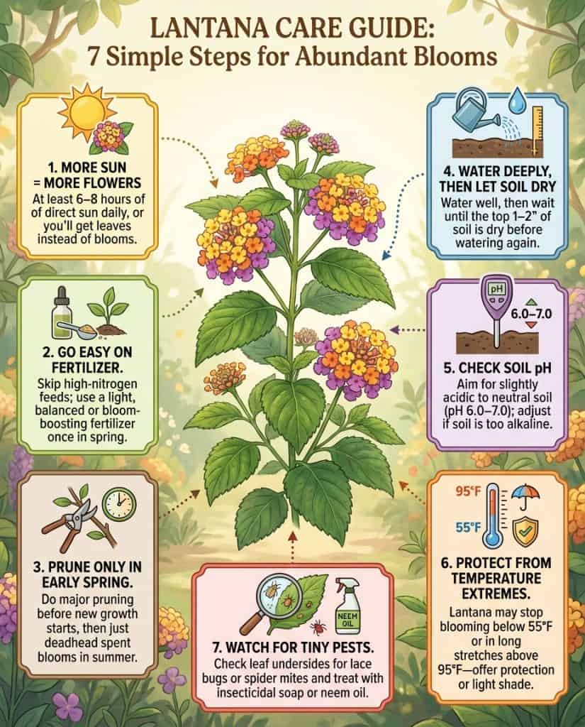 C_10393_BahX8_lantana-blooming-secrets-f1 Lantana flowering problems infographic showing common mistakes preventing blooms with illustrated solutions