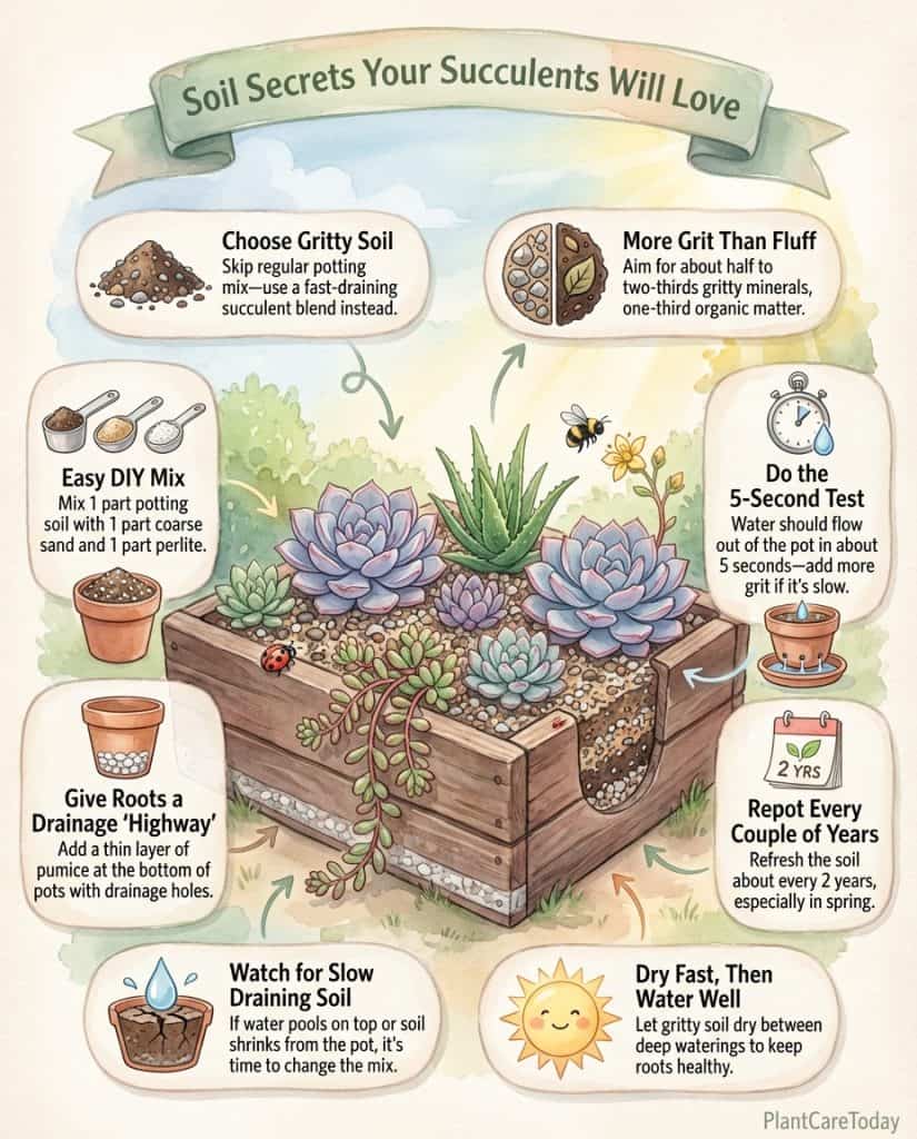 Succulent soil infographic comparing drainage rates of different potting mix types with illustrations