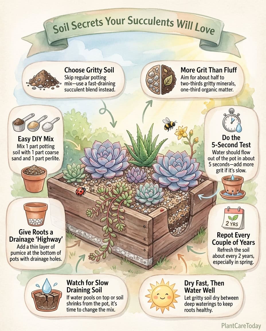 Succulent soil infographic comparing drainage rates of different potting mix types with illustrations