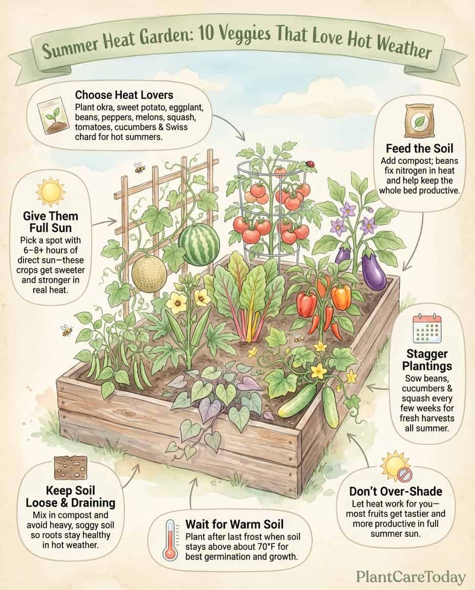 Infographic displaying heat-loving vegetables with temperature tolerance charts and summer planting guide