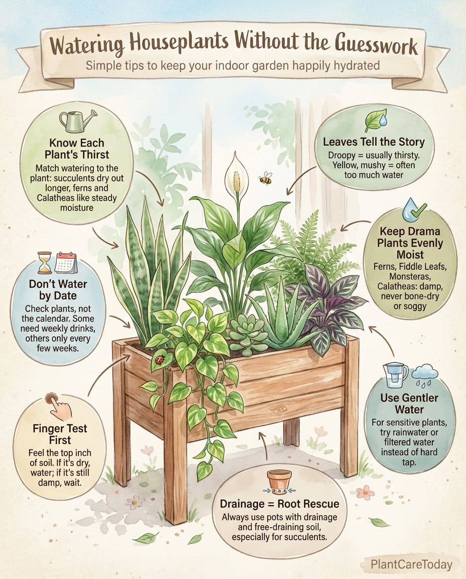 Infographic chart displaying watering schedules for twenty common houseplants with frequency guidelines