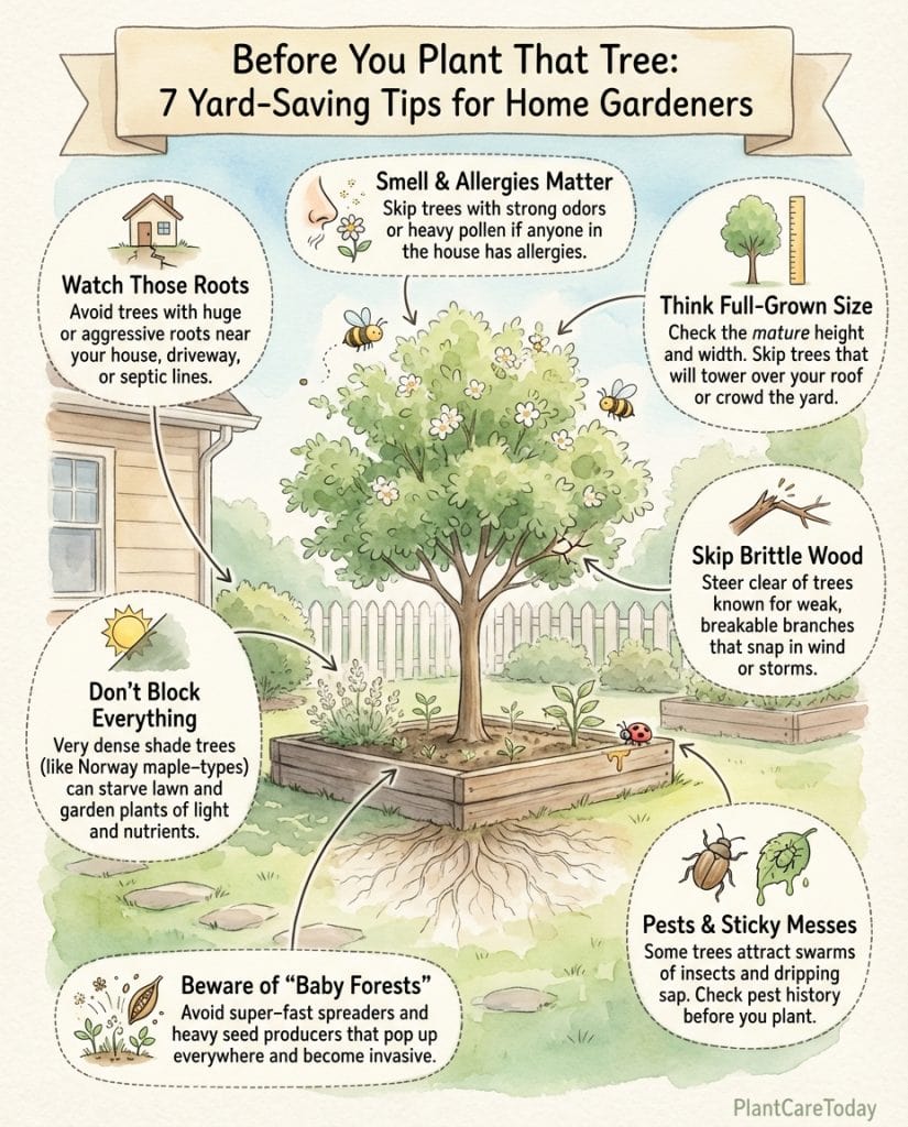 Infographic showing problematic shade trees with root systems, branch structure, and maintenance issues