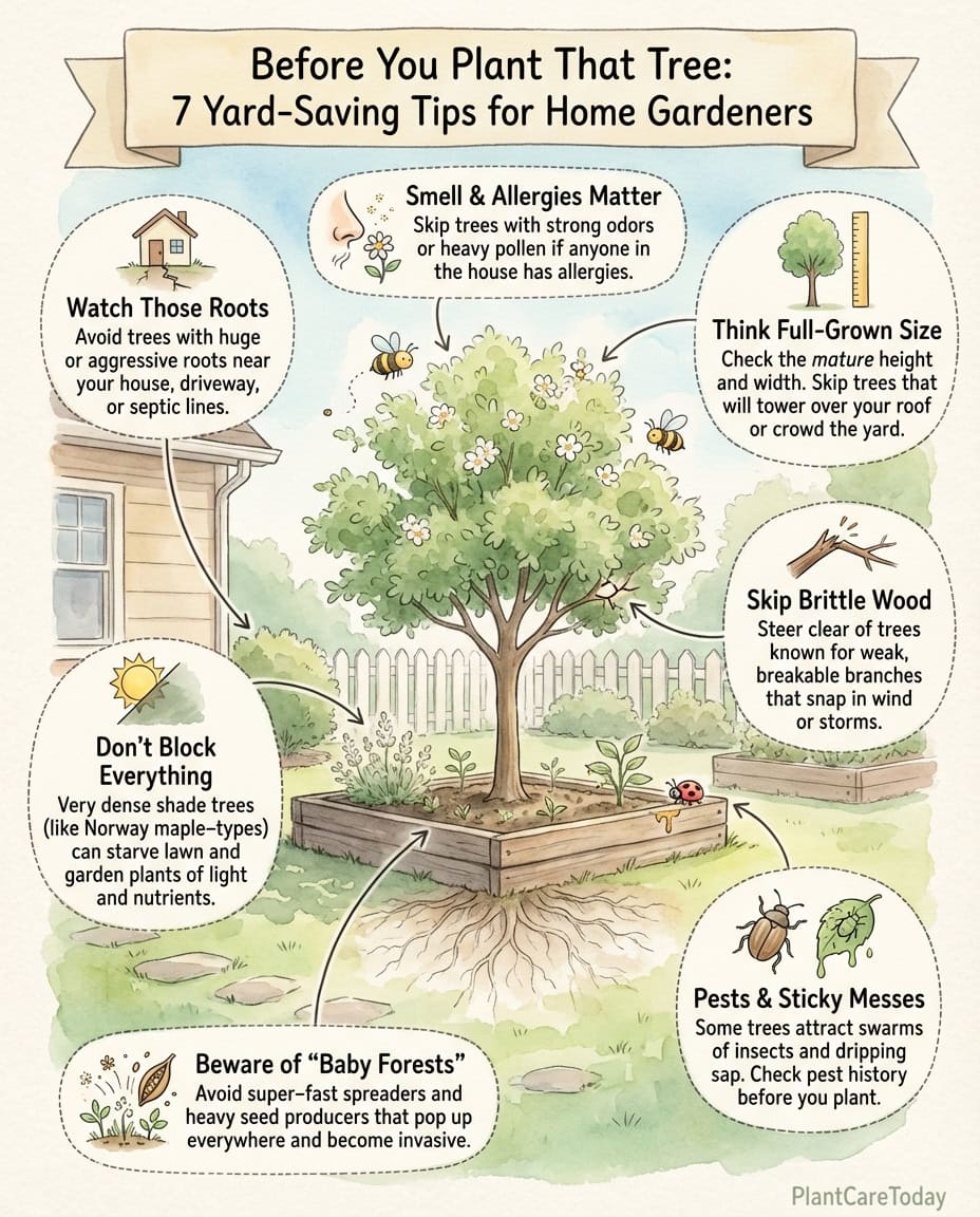 Infographic showing problematic shade trees with root systems, branch structure, and maintenance issues