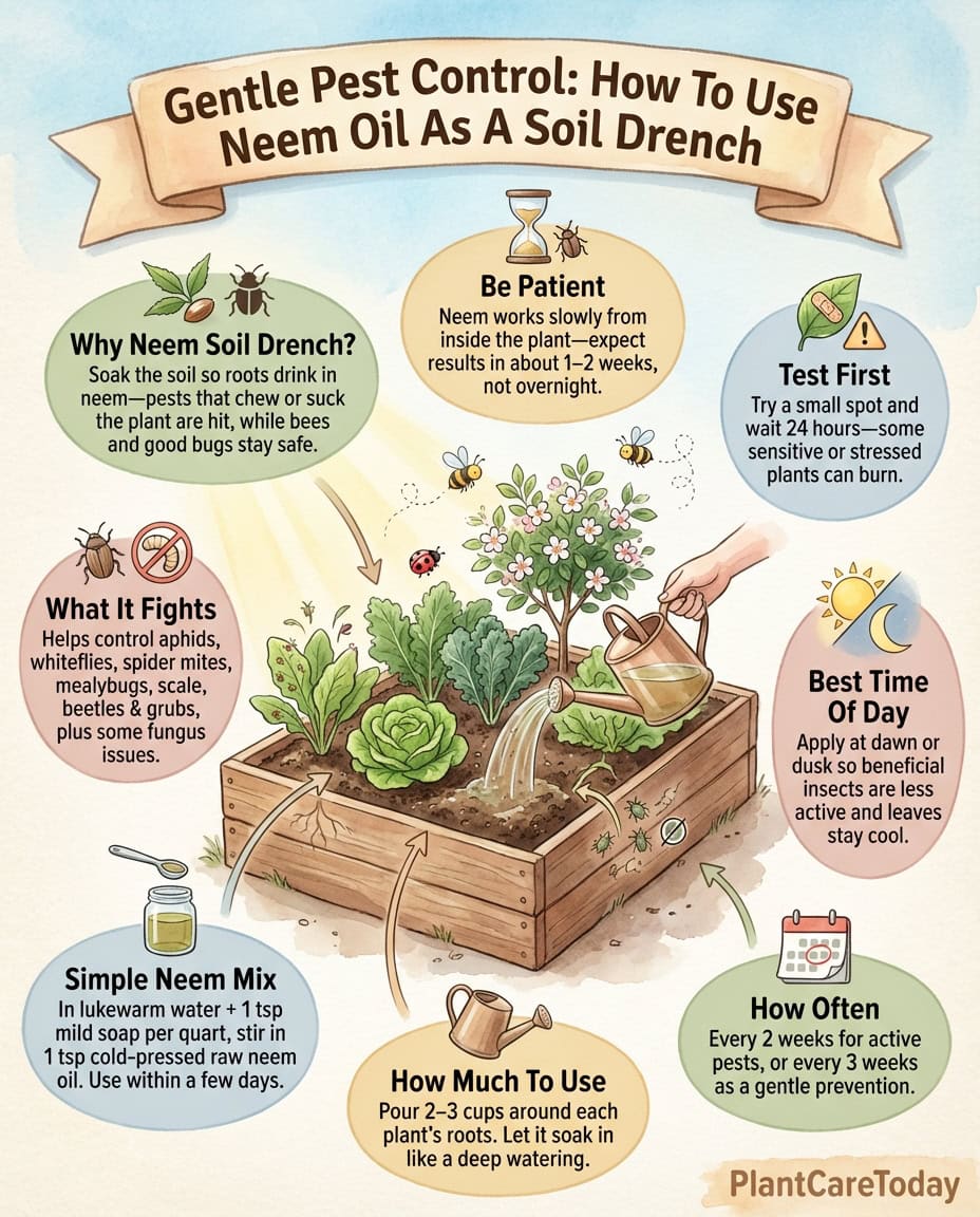 Neem oil application infographic comparing foliar spray versus soil drench methods with pest protection diagrams