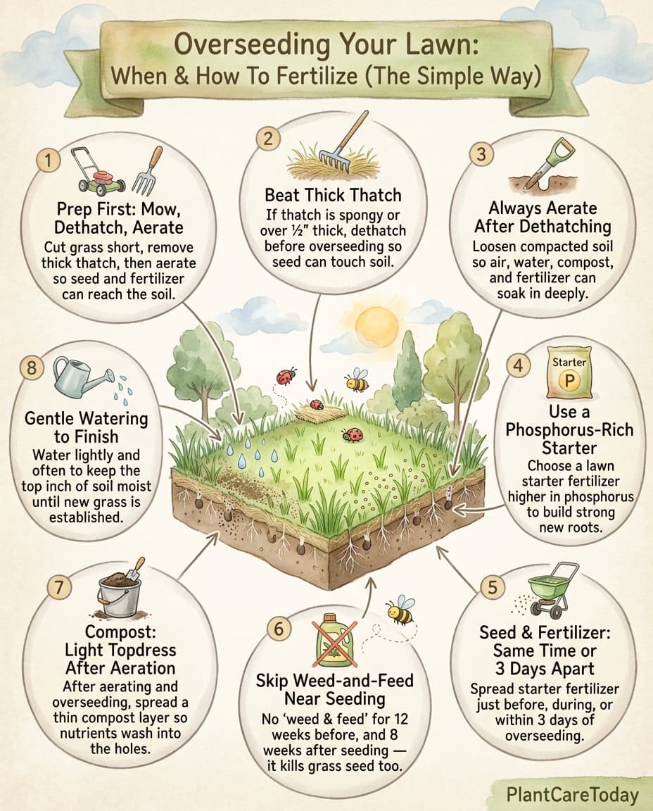 Lawn overseeding infographic showing fertilization timing steps with soil preparation process