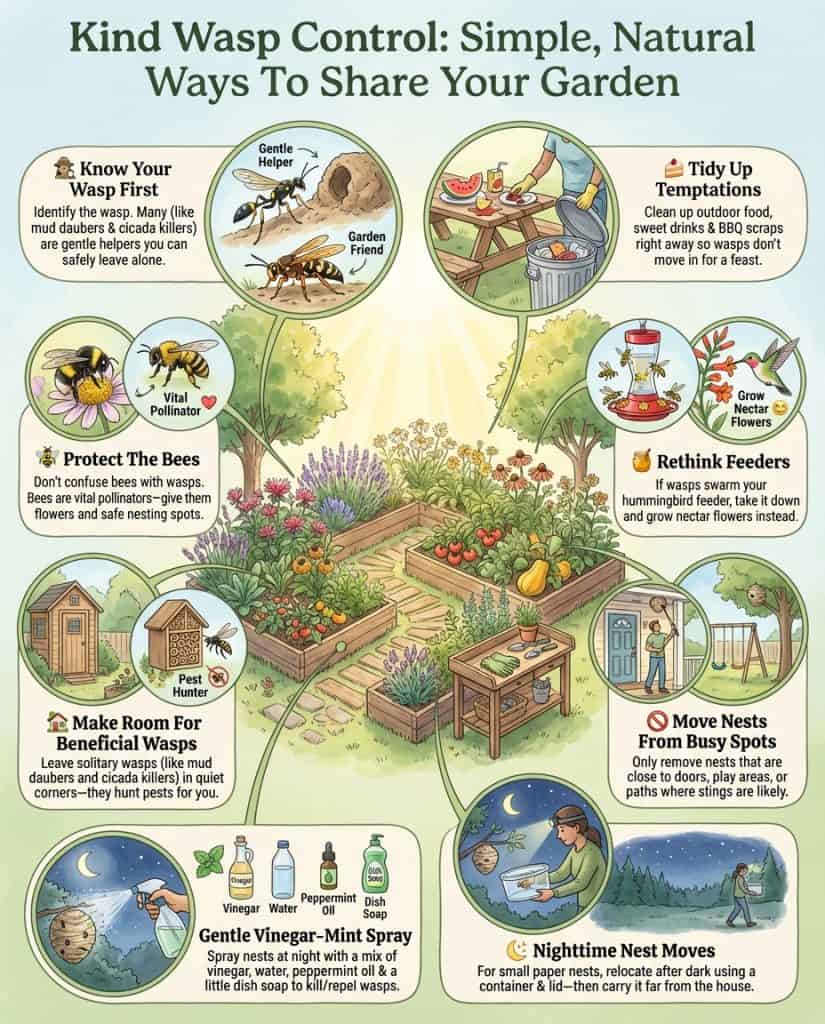 Infographic comparing beneficial vs aggressive wasp types with identification features and garden roles