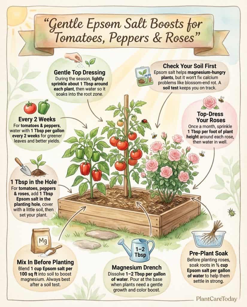C_10405_wLHtm_epsom-salt-garden-uses-f1 Epsom salt garden amendment infographic showing application rates and timing for tomatoes, peppers, and roses