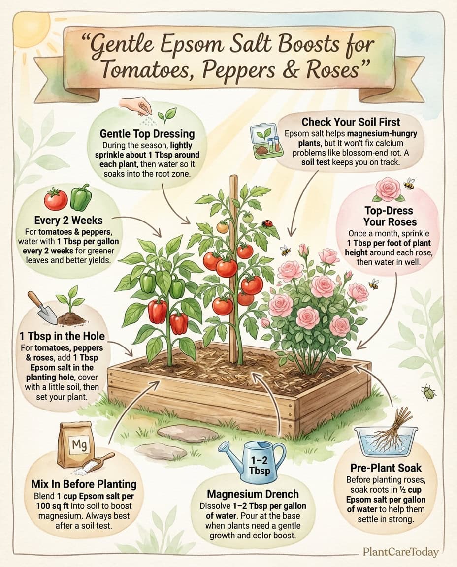 Epsom salt garden amendment infographic showing application rates and timing for tomatoes, peppers, and roses
