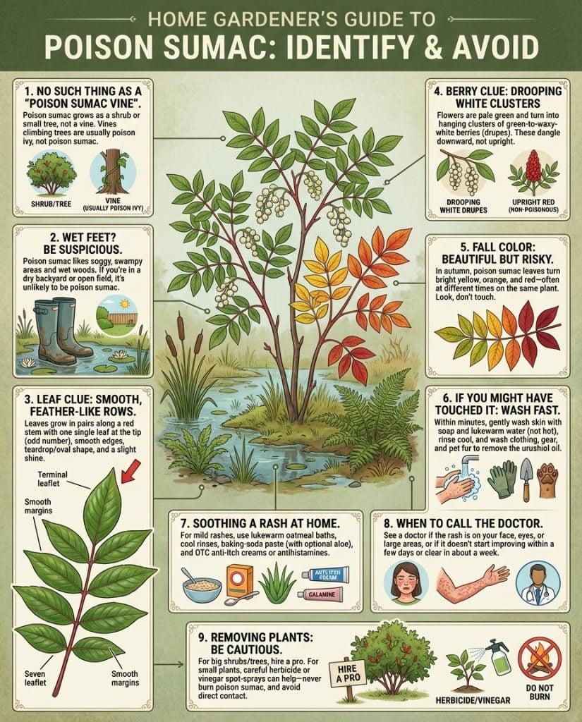 Infographic comparing poison sumac and poison ivy with growth habit illustrations and identification features