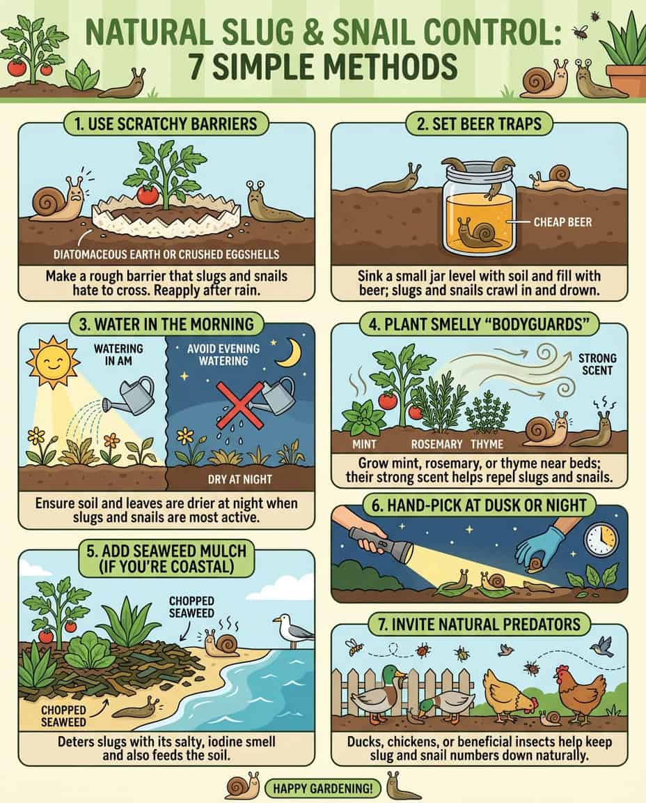 Infographic displaying natural slug and snail control methods for garden protection with illustrations