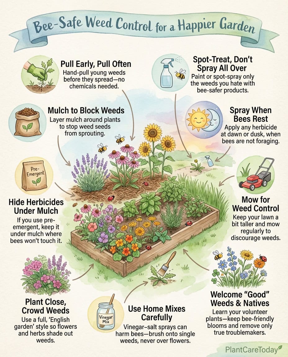 Infographic showing bee-safe weed control methods with herbicide alternatives and application tips