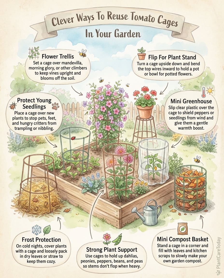 Infographic displaying creative tomato cage uses with illustrated examples for garden and home