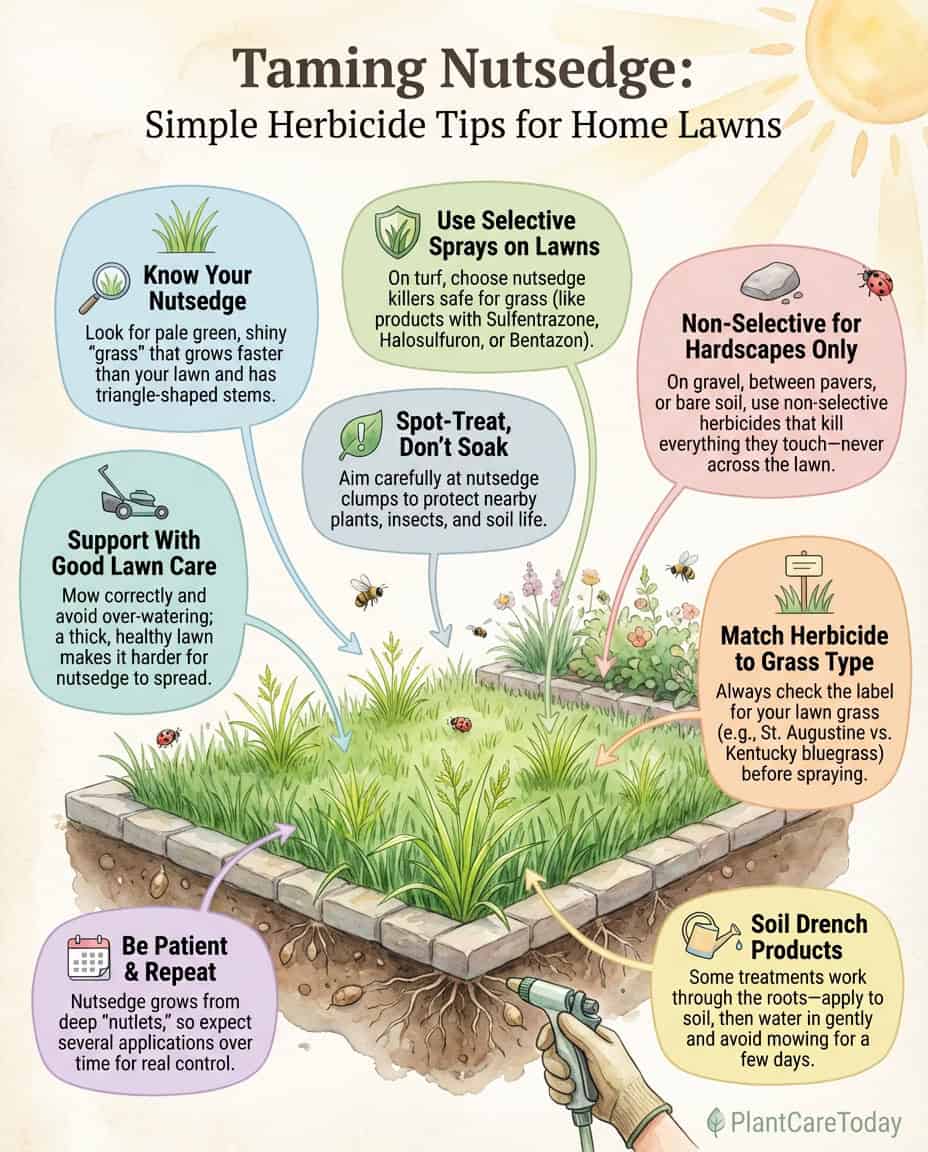 Nutsedge identification and treatment infographic showing herbicide options organized by grass type and timing