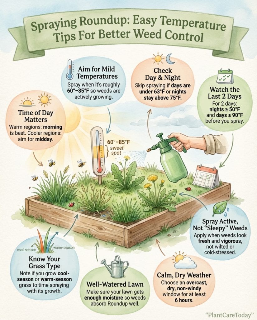 Roundup application infographic showing temperature guidelines and timing factors for effectiveness