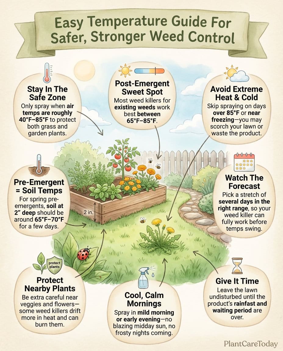 Weed killer application infographic showing temperature ranges for different herbicide types with thermometer visual