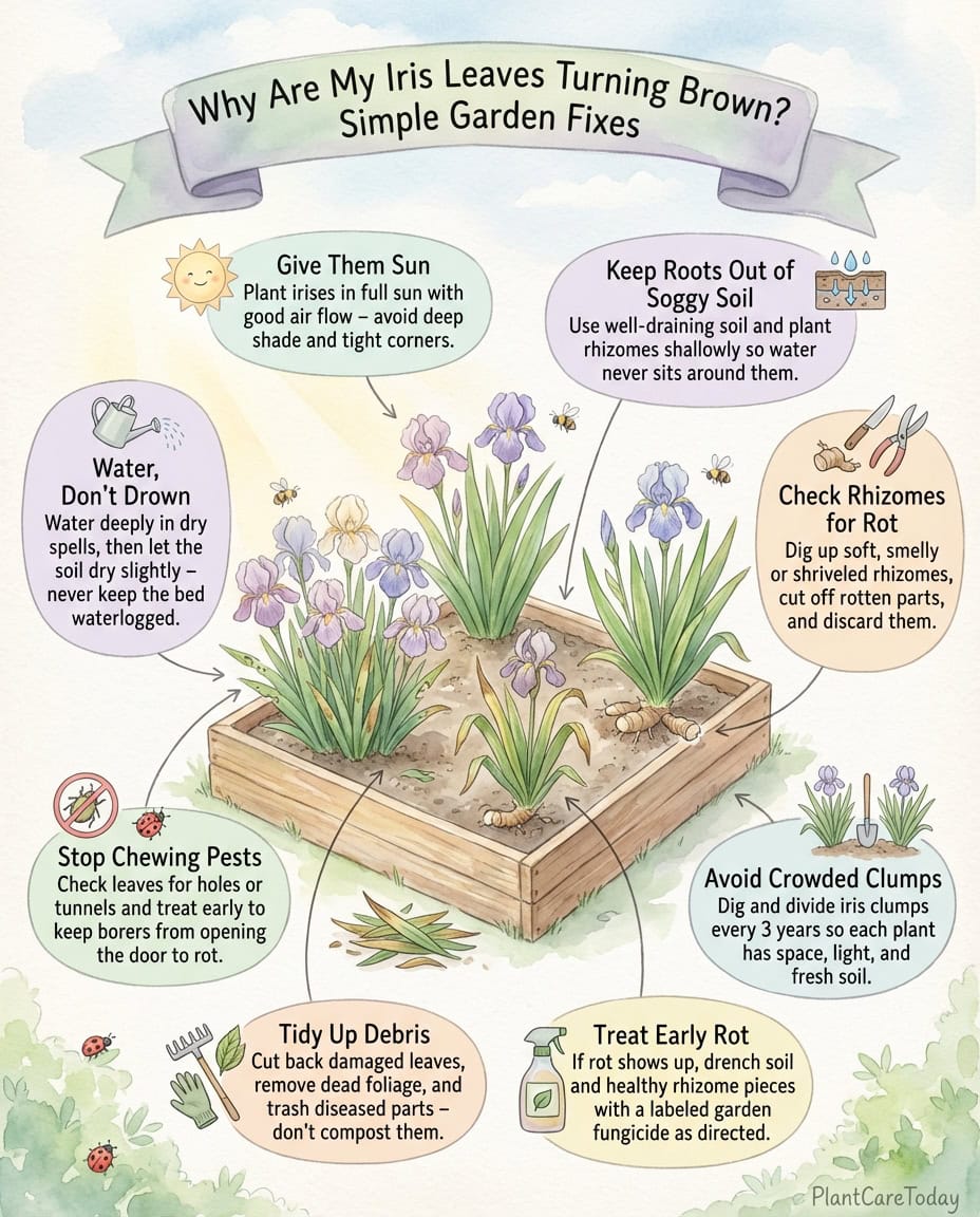 Iris crown rot infographic showing disease symptoms, underground damage, and prevention steps with diagrams