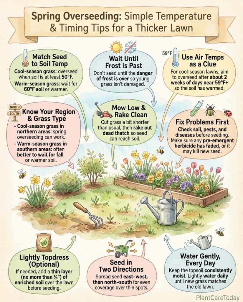 Infographic showing lawn overseeding temperature guide with soil vs air temperature comparison charts