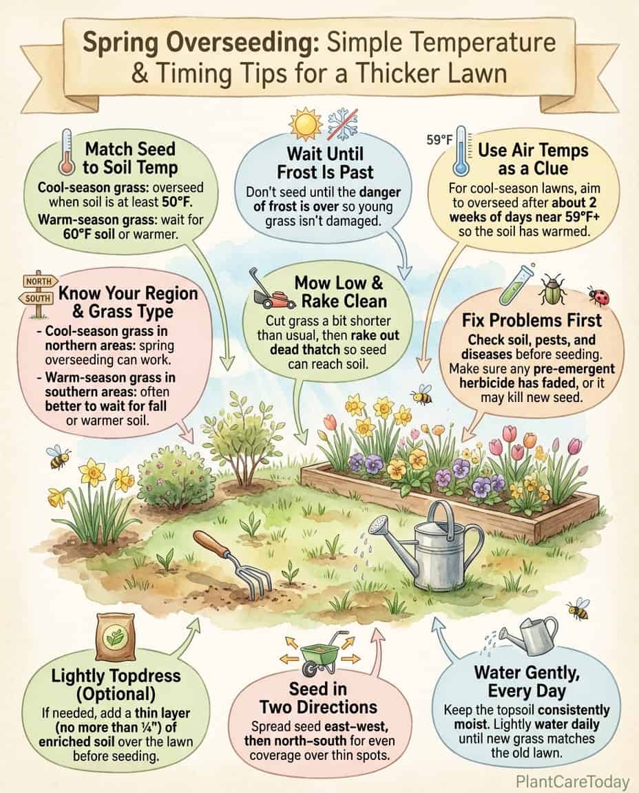 Infographic showing lawn overseeding temperature guide with soil vs air temperature comparison charts