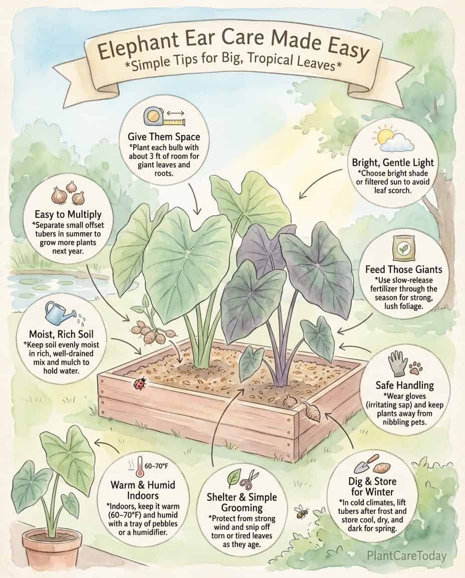 Elephant ear taro plant infographic showing growing methods for different climates and locations