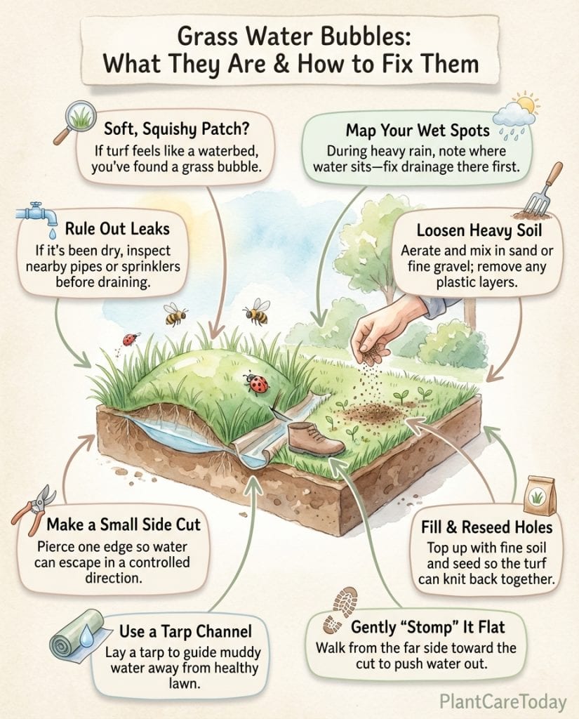 Infographic explaining grass bubble causes with cross-section diagrams showing water trapped beneath turf