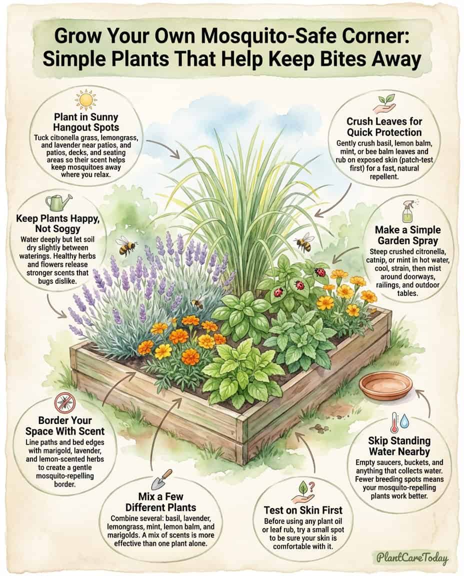 Infographic displaying 31 mosquito-repelling plants including catnip with placement tips and diagrams
