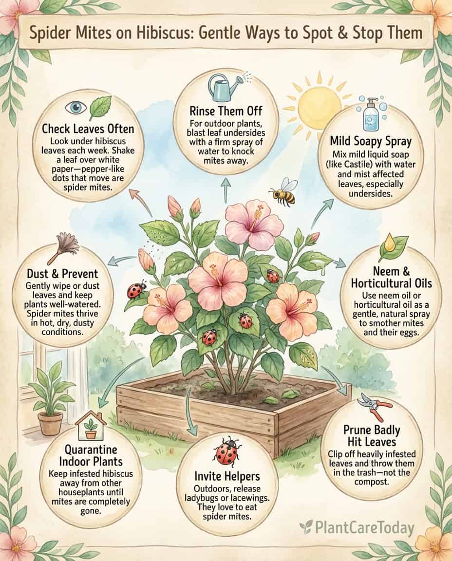 Infographic showing spider mite identification and home treatment methods for hibiscus plants