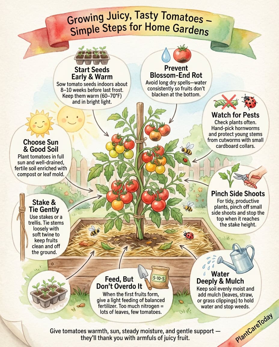 Tomato growing infographic showing planting depth, spacing, staking systems, and feeding timeline from seed to harvest