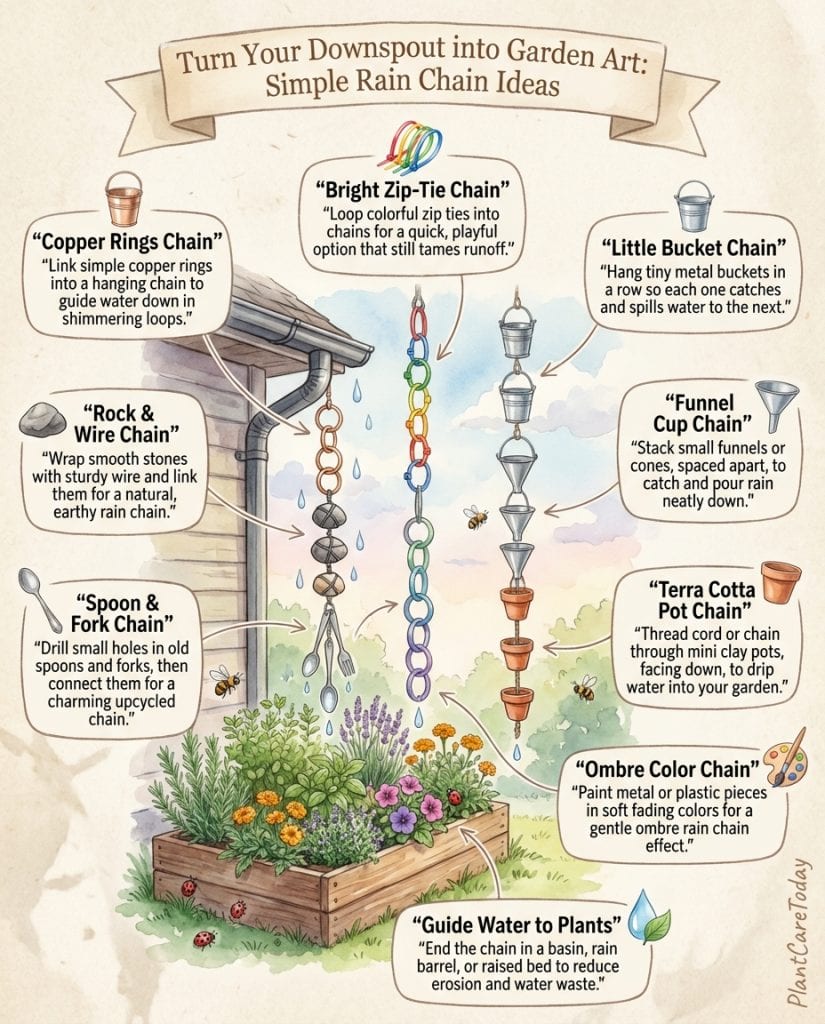 DIY rain chain infographic displaying eleven handmade designs using household materials and garden supplies