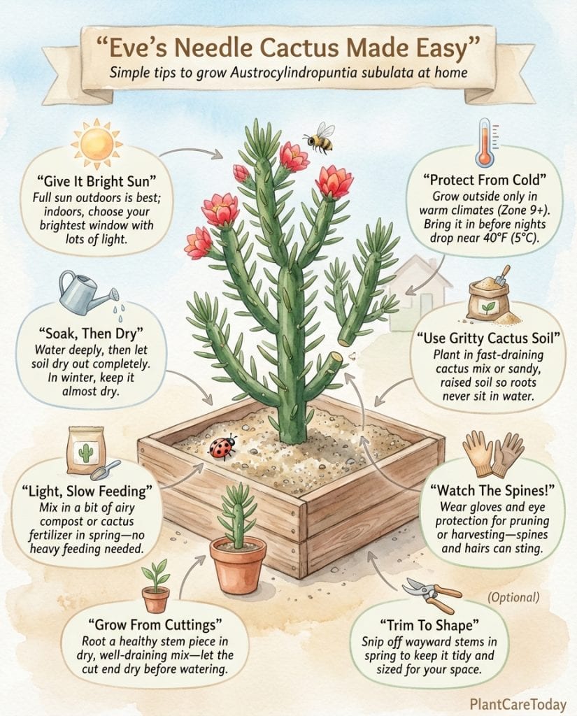 C_10439_hSQCf_eves-needle-cactus-growing-f1 Eve's Needle Cactus infographic showing spine detail, growth habit, flowers, and distinctive tubercle structure