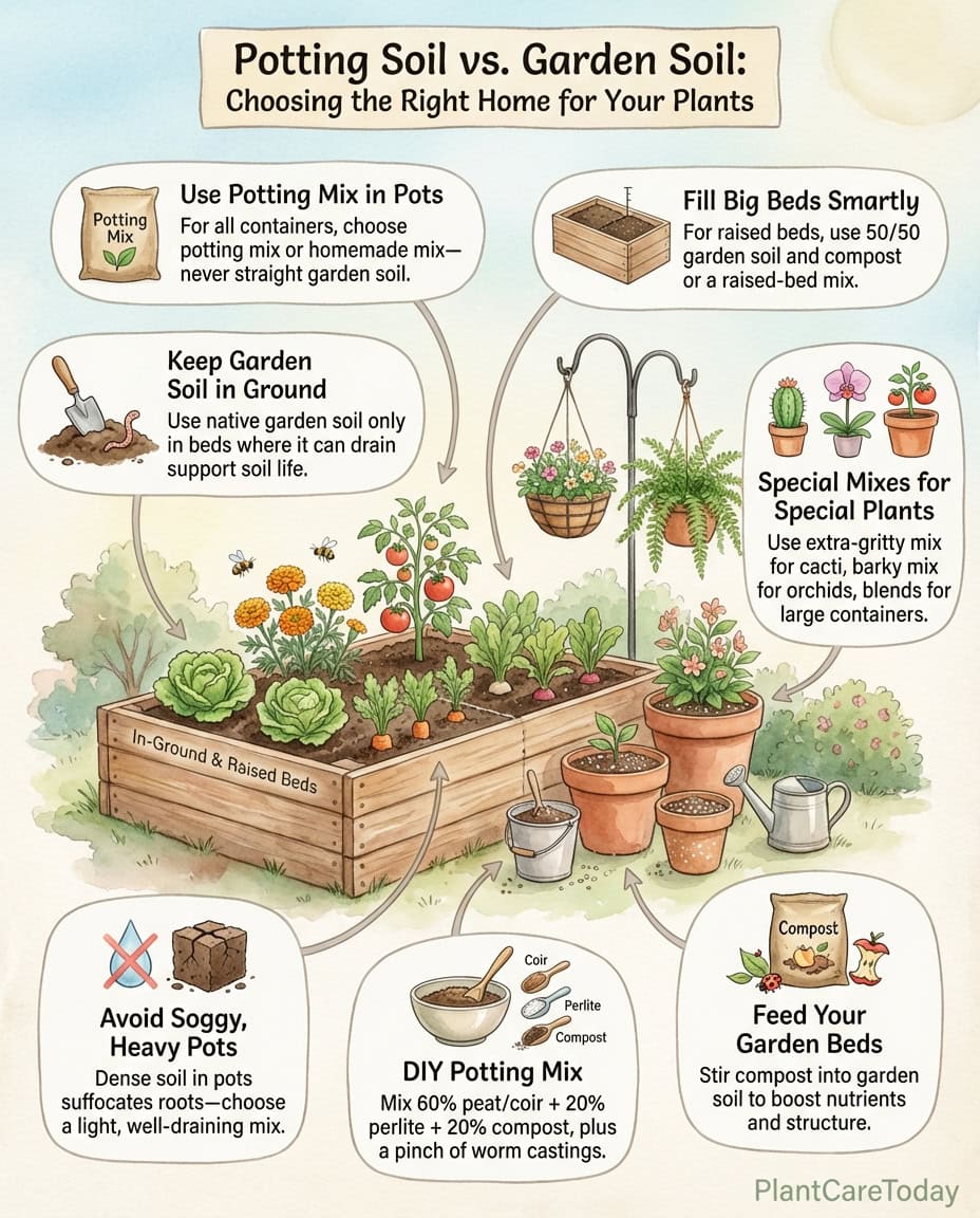 Container gardening infographic comparing potting mix versus garden soil with drainage diagrams