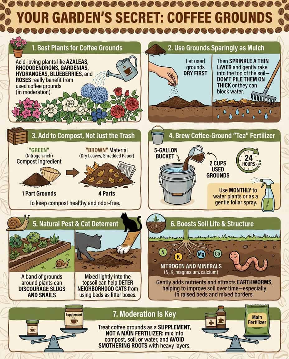 Infographic showing coffee grounds usage guide for plants with application methods and best practices