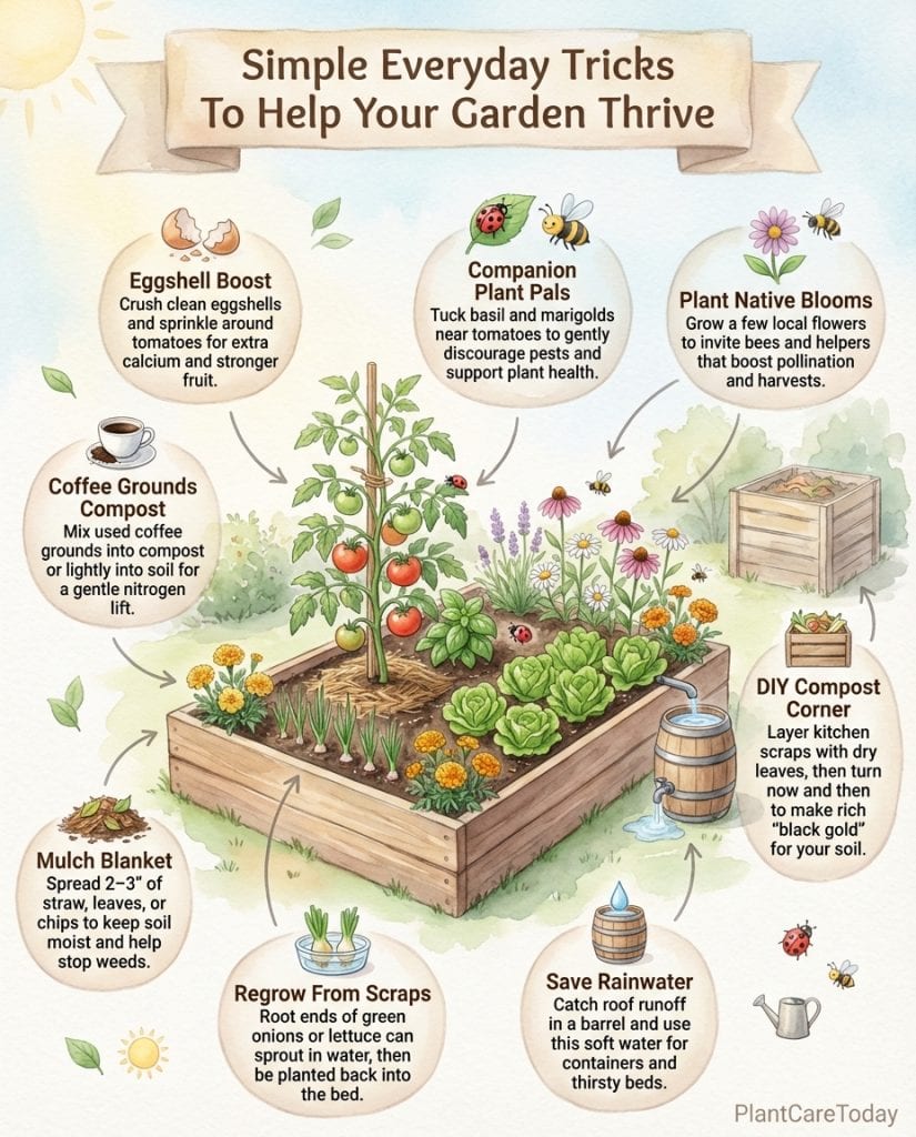 C_10451_oaSNz_garden-hacks-tough-conditions-f1 Infographic displaying kitchen scrap gardening hacks with eggshells, coffee grounds, and banana peels uses
