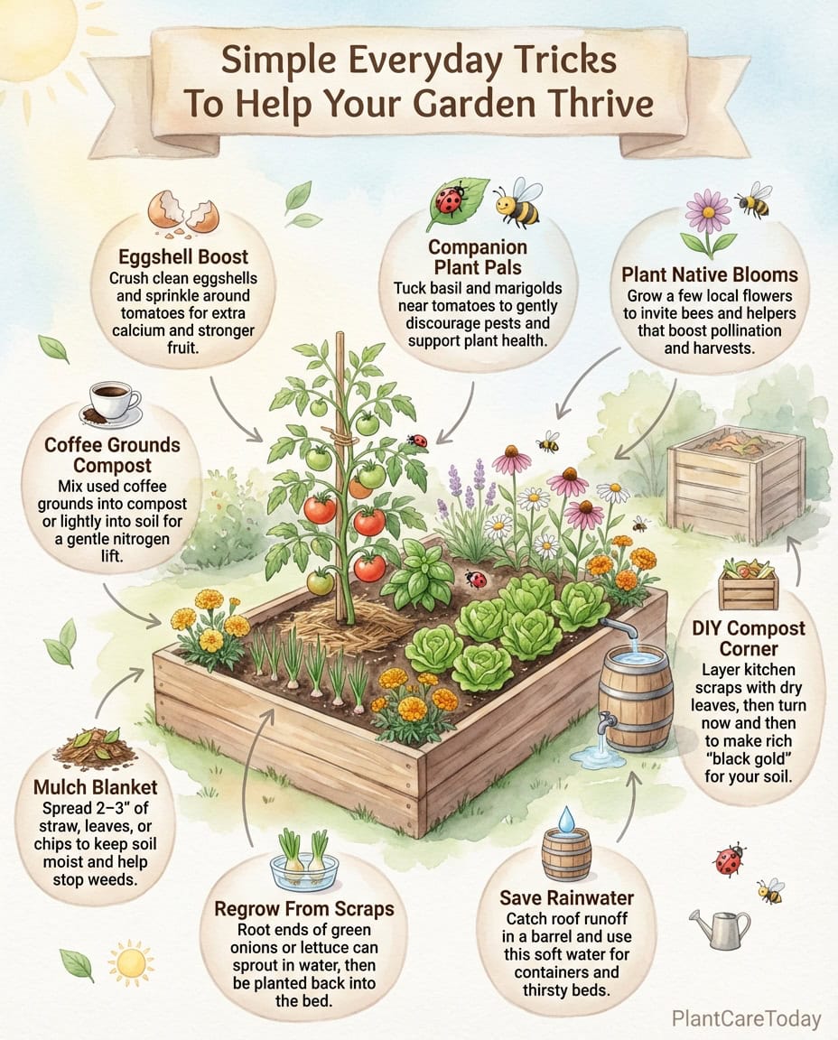 Infographic displaying kitchen scrap gardening hacks with eggshells, coffee grounds, and banana peels uses
