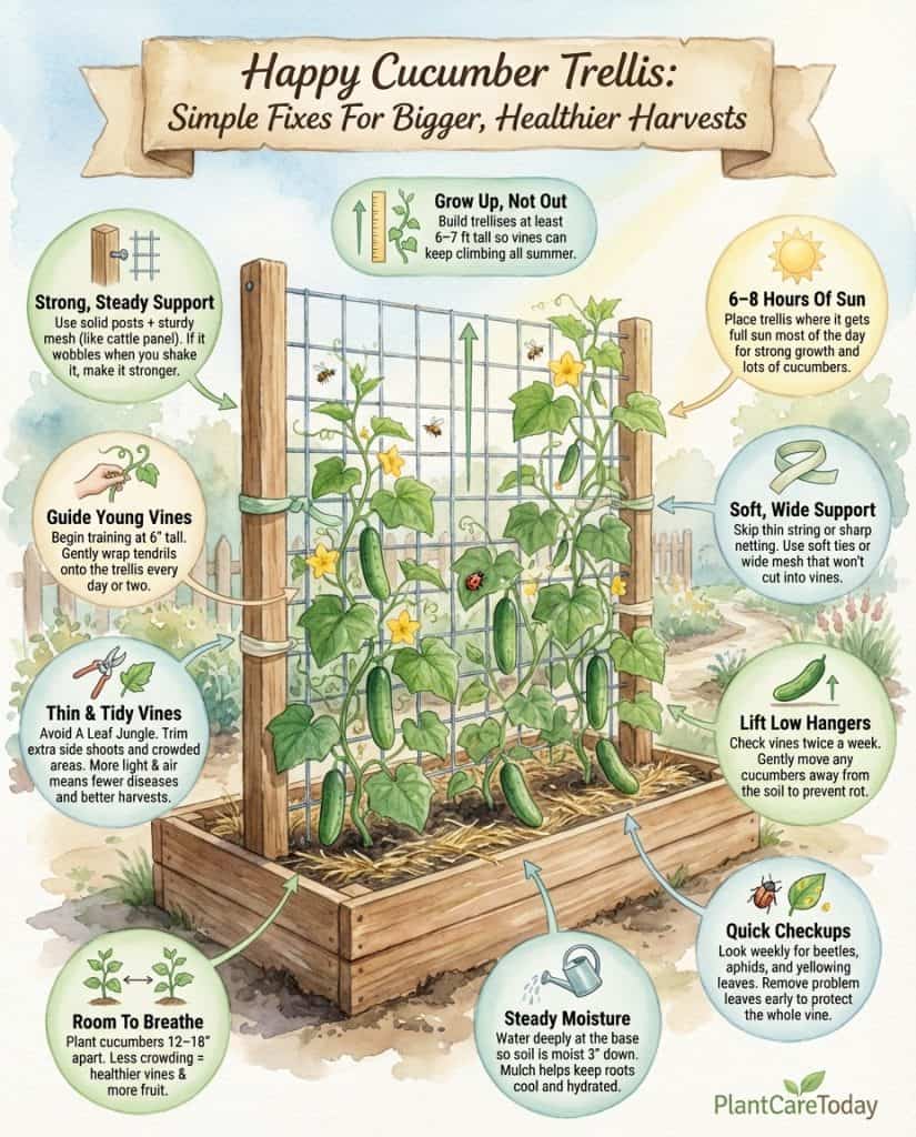 C_10452_mqXAD_cucumber-trellis-common-mistakes-f1 Infographic displaying cucumber trellis setup mistakes with structural diagrams and weight considerations
