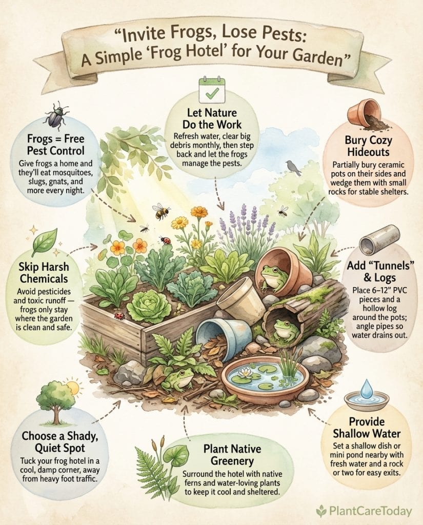 C_10453_637w0_frog-hotel-garden-transformation-f1 Frog habitat infographic showing DIY frog hotel construction steps with material list and placement tips