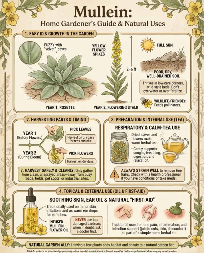 Mullein plant infographic showing medicinal uses and health applications with botanical illustrations