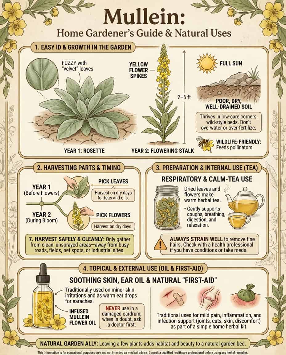 Mullein plant infographic showing medicinal uses and health applications with botanical illustrations