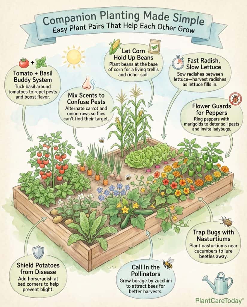 Companion planting infographic showing beneficial plant pairings with spacing and arrangement diagrams