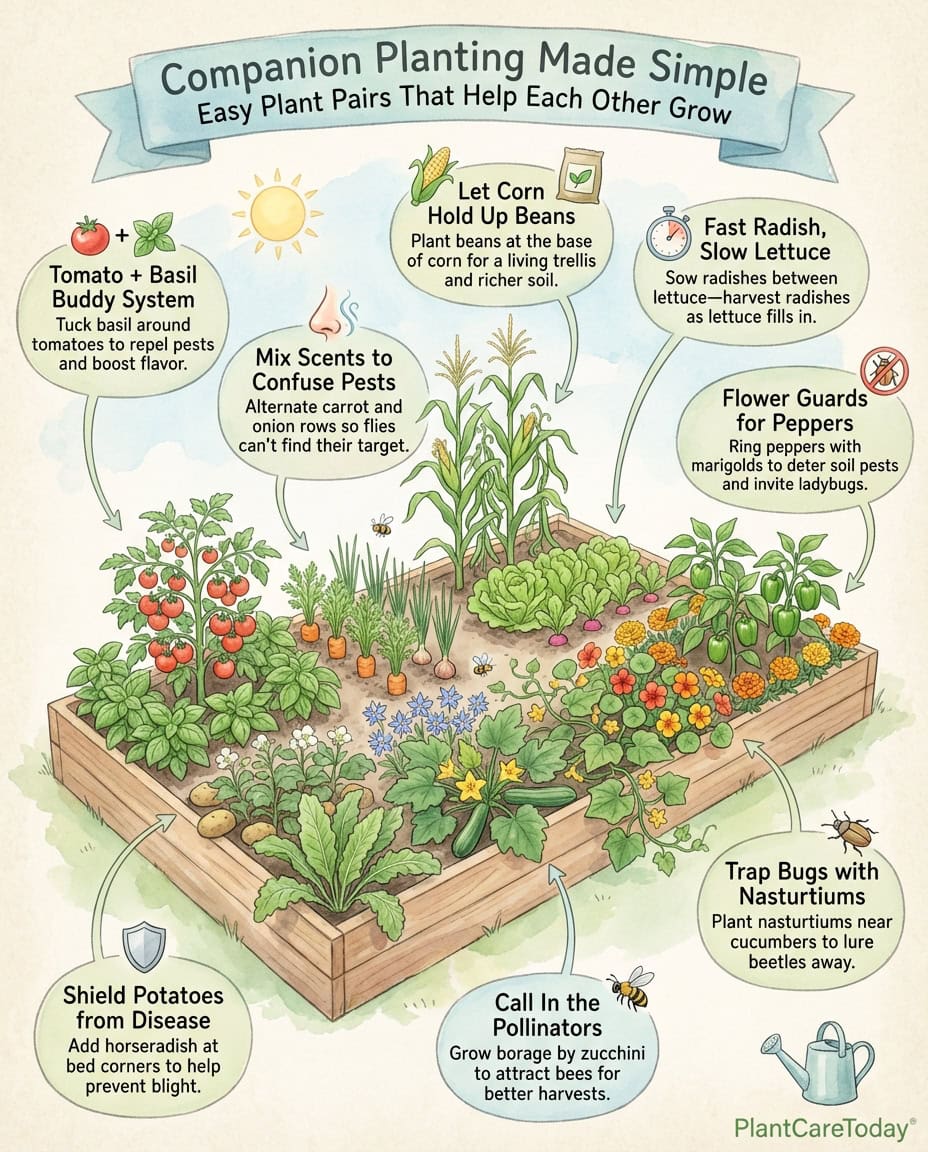 Companion planting infographic showing beneficial plant pairings with spacing and arrangement diagrams