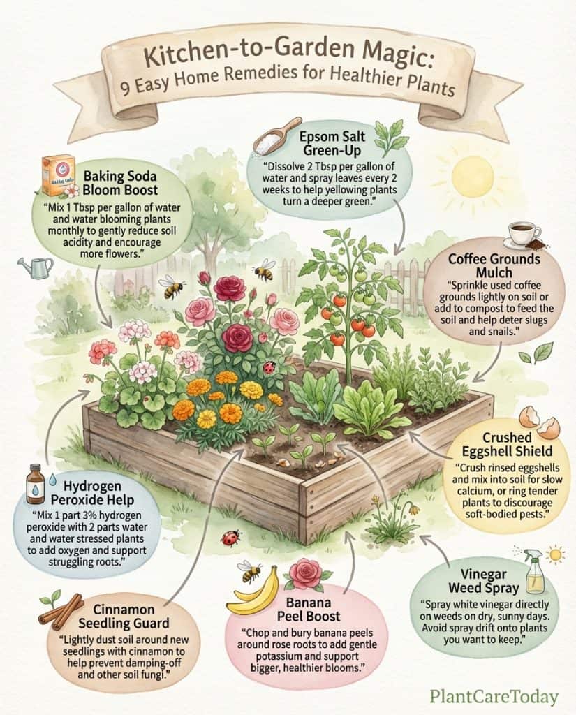 Infographic displaying eleven common household items used as natural garden remedies with application icons