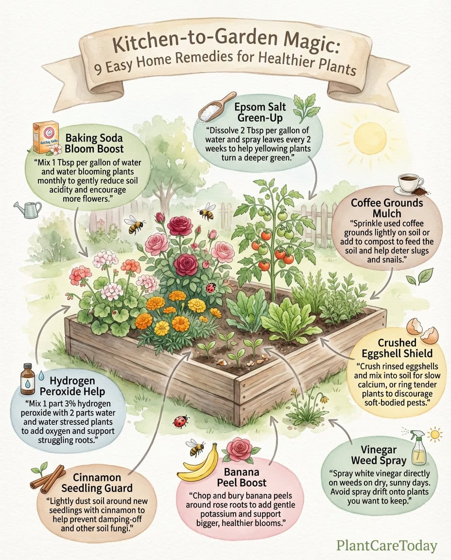 Infographic displaying eleven common household items used as natural garden remedies with application icons